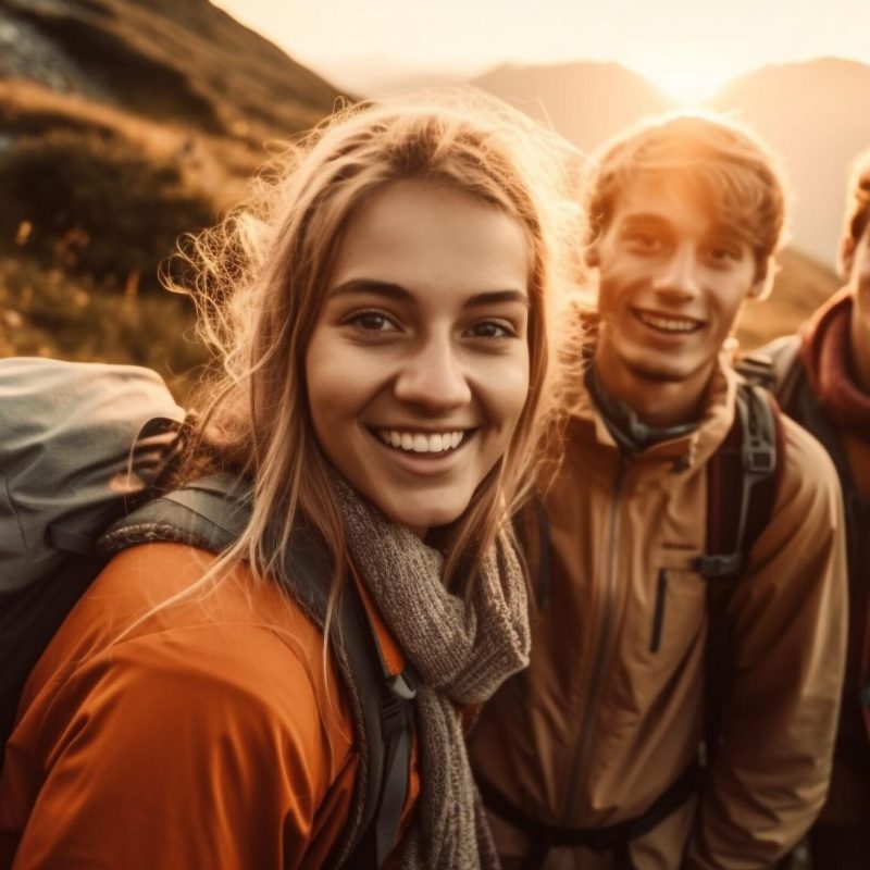Young adults hiking in nature, smiling joyfully together generated by AI
